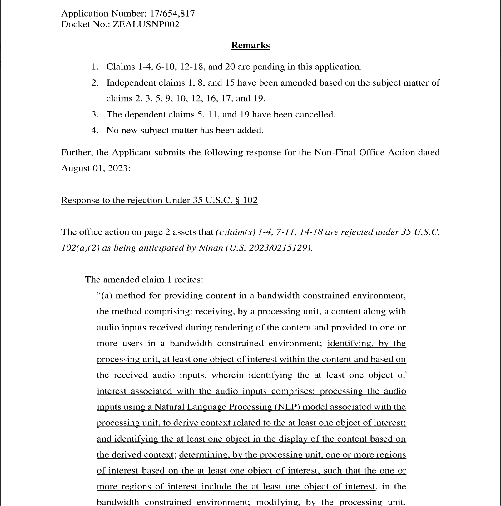 Response To Office Action