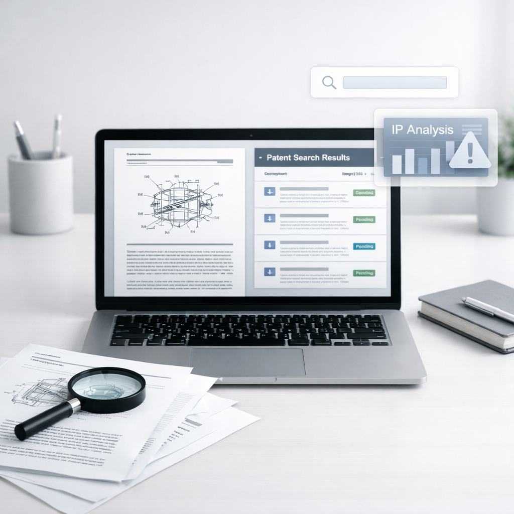 Professional conducting a Freedom to Operate (FTO) search to evaluate patent risks before product commercialization