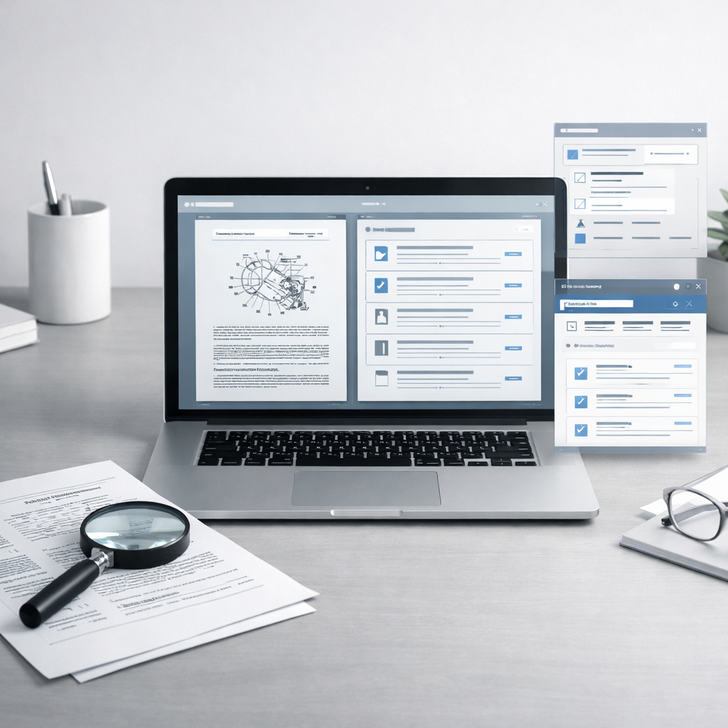 Professional conducting an FTO search, analyzing patents and assessing infringement risks for product commercialization