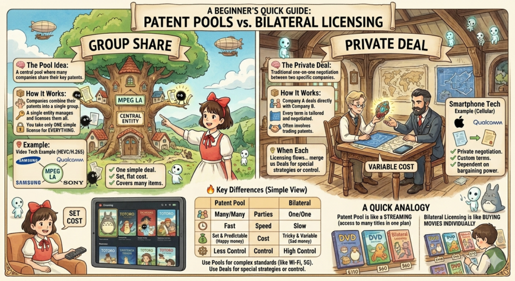 Beginner's guide comparing patent pools group share vs bilateral licensing private deal